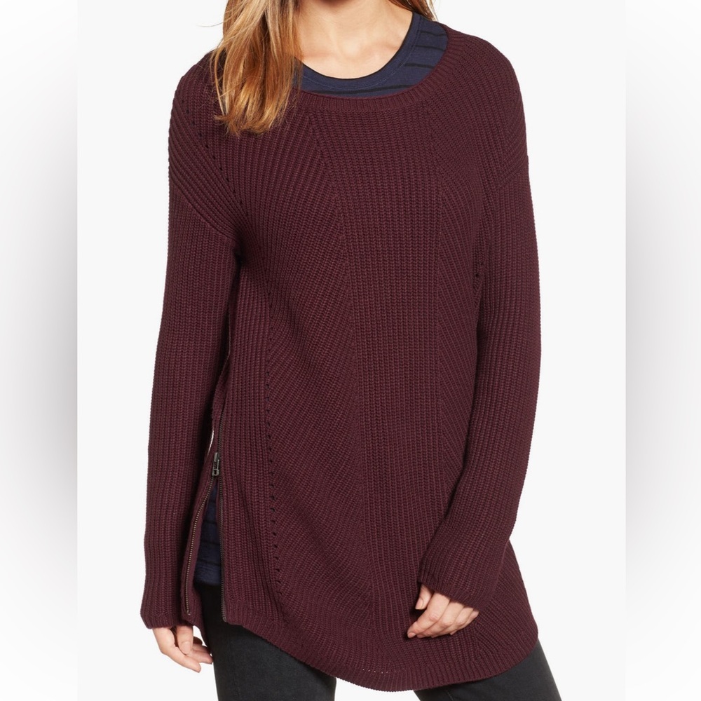 Nordstrom Caslon Rib Knit Cotton Tunic Sweater, Side Zipper Pointelle Burgundy